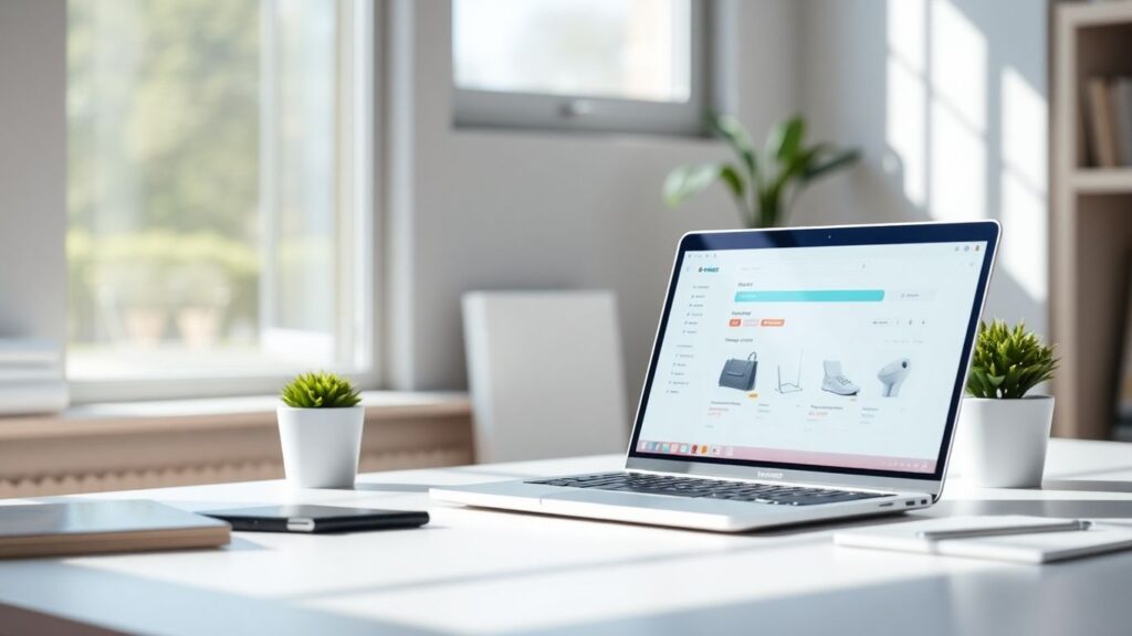 Dropshipping business setup with laptop and plant.