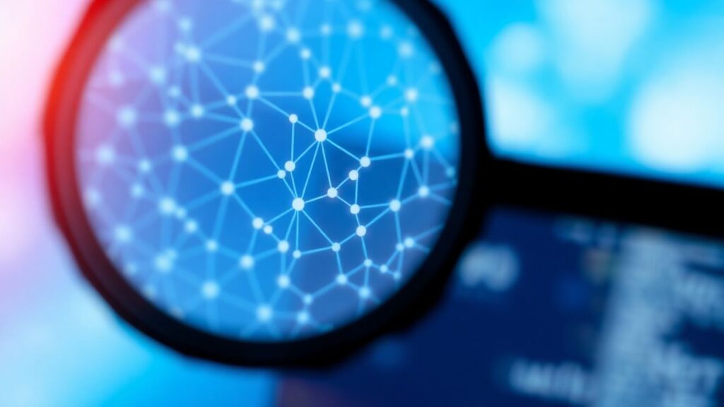 Magnifying glass examining digital information network.
