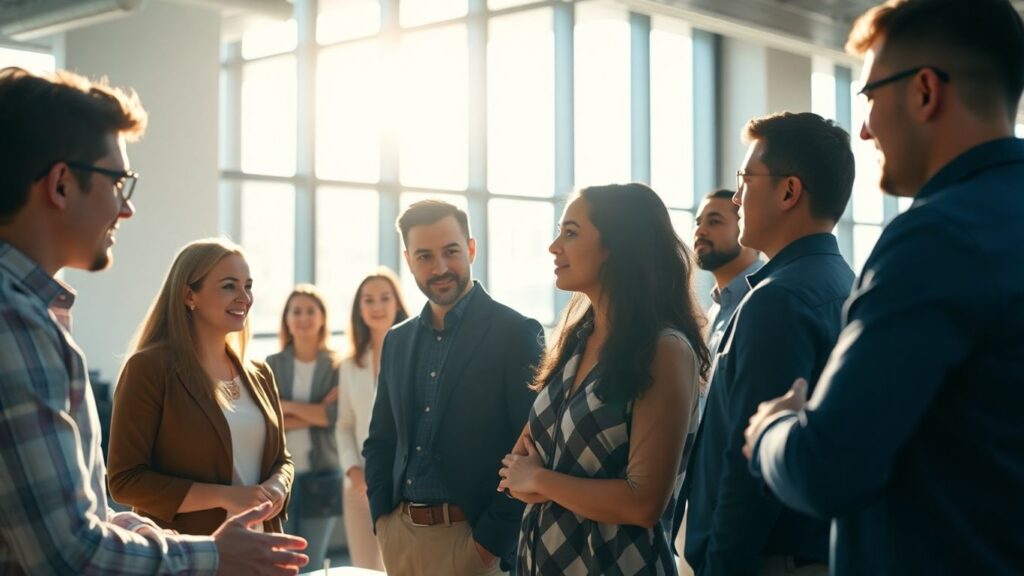 Business professionals collaborating in a bright office.