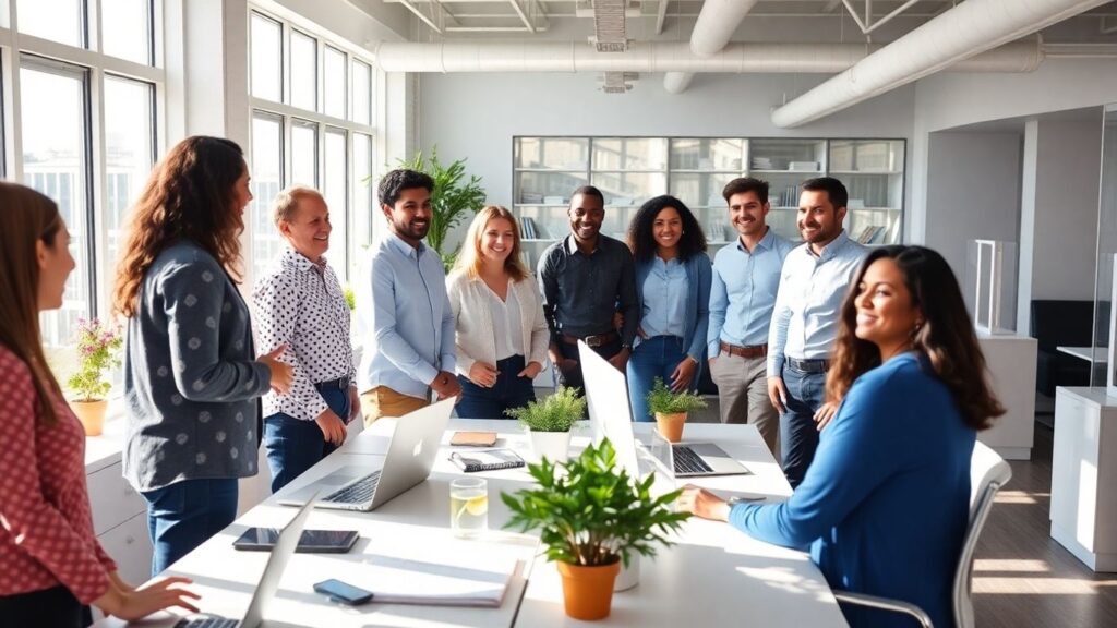 People collaborating in a bright, modern office.