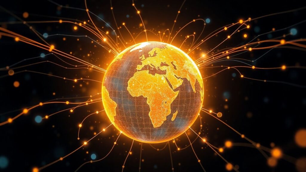 Glowing globe with data streams, economic growth.