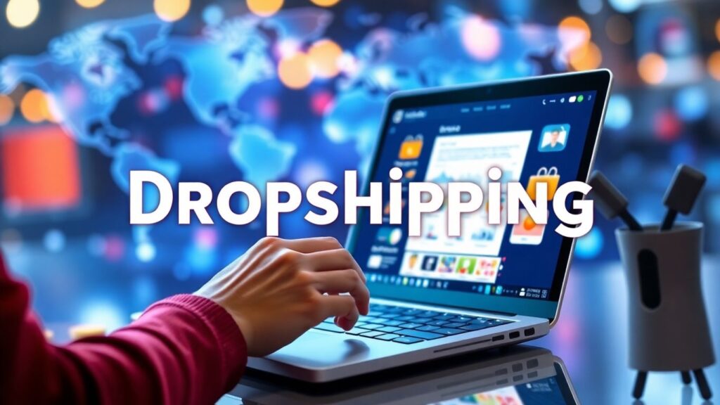Dropshipping with BHIP platform interface on laptop.