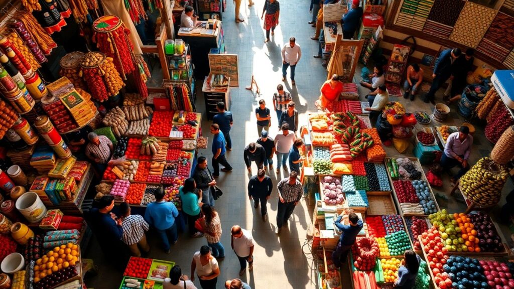 Busy marketplace with diverse products and shoppers.