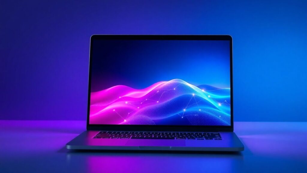 Laptop with abstract digital landscape