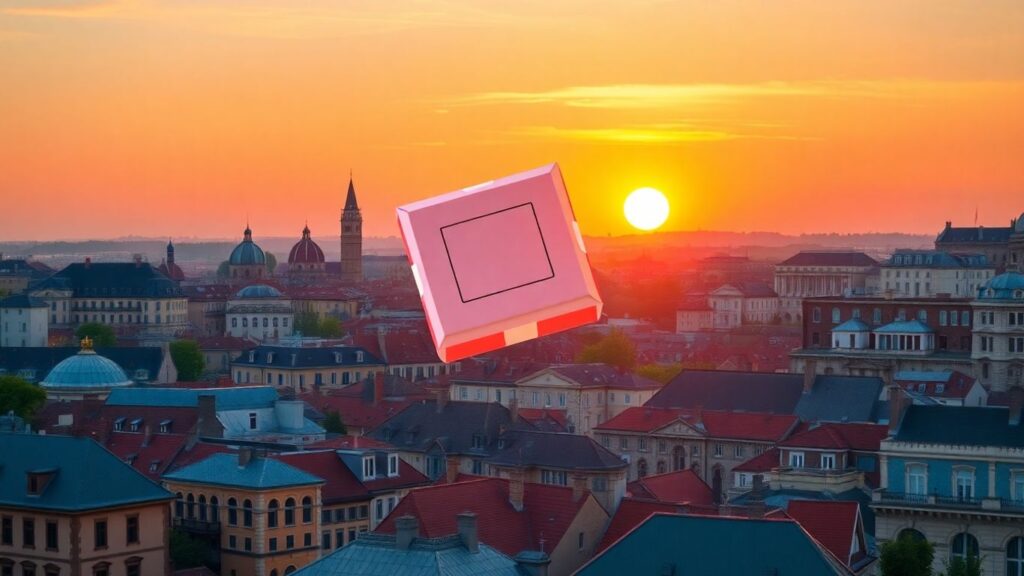 European cityscape with floating package
