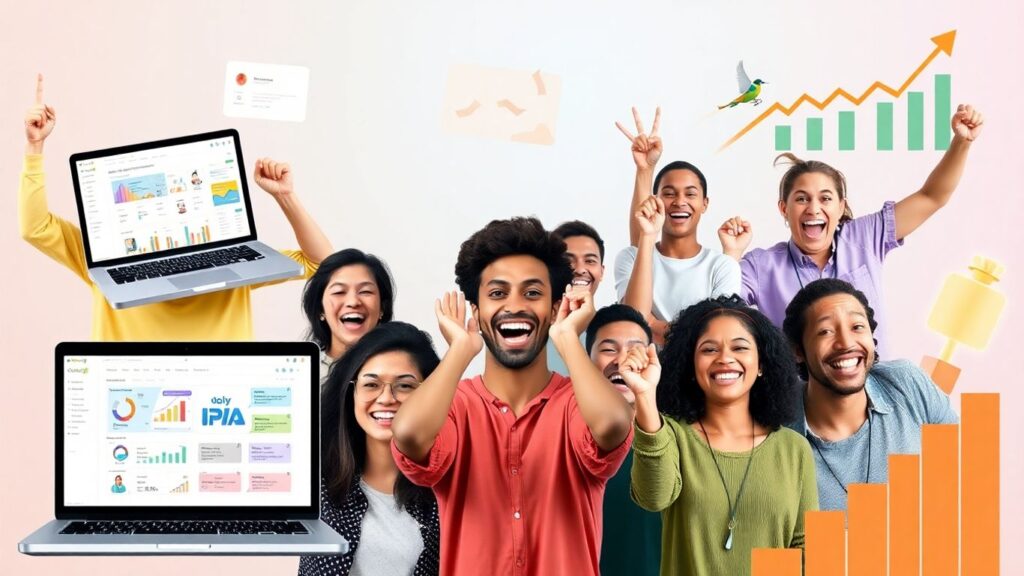 Dropshipping success with happy entrepreneurs and sales charts.