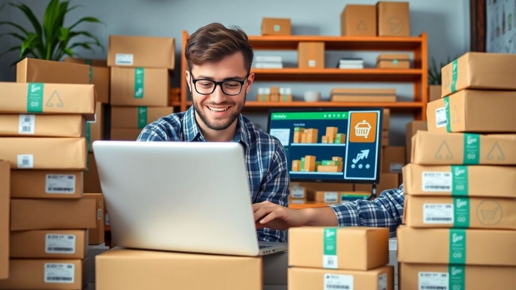 Profitable dropshipping success with packages and laptop.
