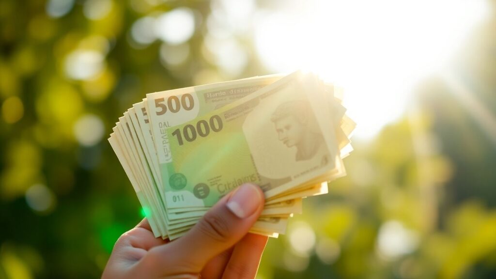 Hand holding money, symbolizing real earnings.