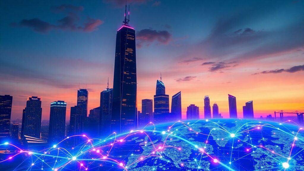 Futuristic e-commerce cityscape with glowing digital connections.