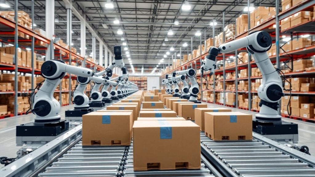 Automated warehouse with robotic arms and conveyor belts.