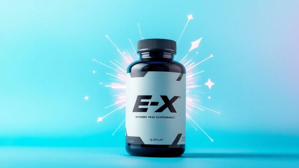 E-X Supplement bottle with energetic light bursts.