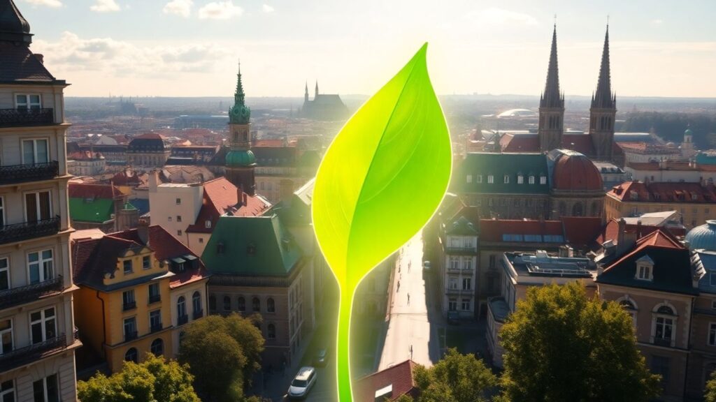 European cityscape with a glowing green leaf symbolizing growth.
