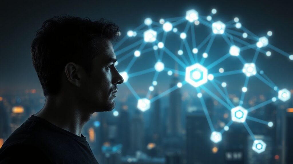 Abstract digital network glowing against a dark cityscape.