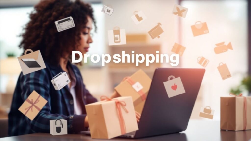 Dropshipping product flow with person and packages.