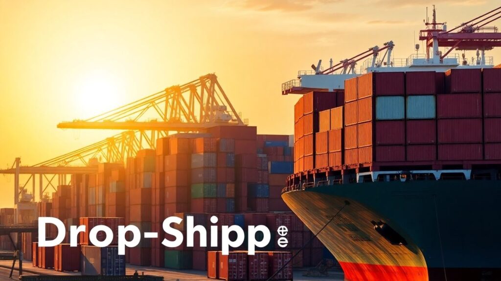 Global shipping port with cargo containers and a ship.