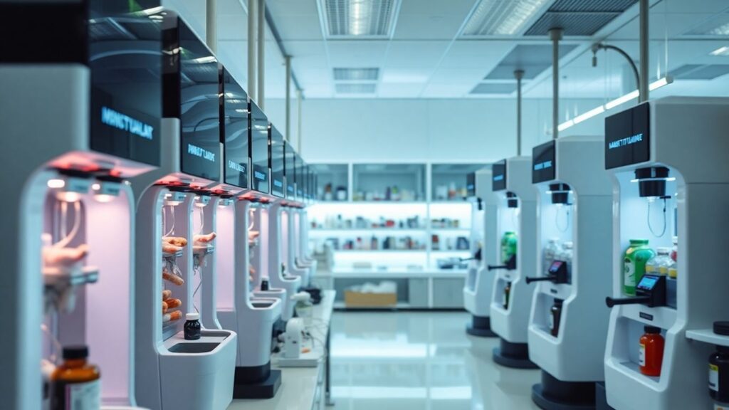 Futuristic supplement dispensing machines in a modern lab.