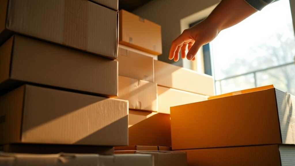 Stack of shipping boxes with a hand reaching.
