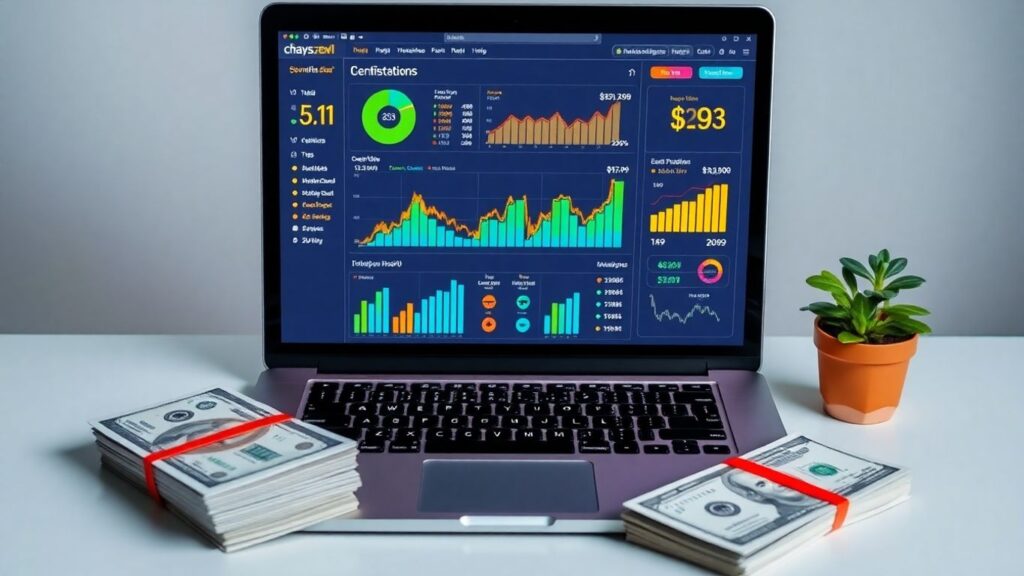 Laptop showing financial data, money, and plant.