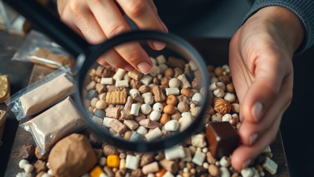 Hands inspecting diverse products with a magnifying glass.