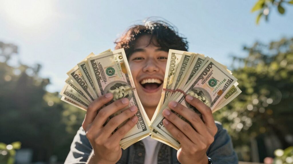 Person holding a large stack of cash, looking happy.