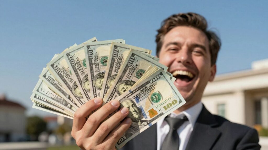 Person holding a large stack of money, looking successful.