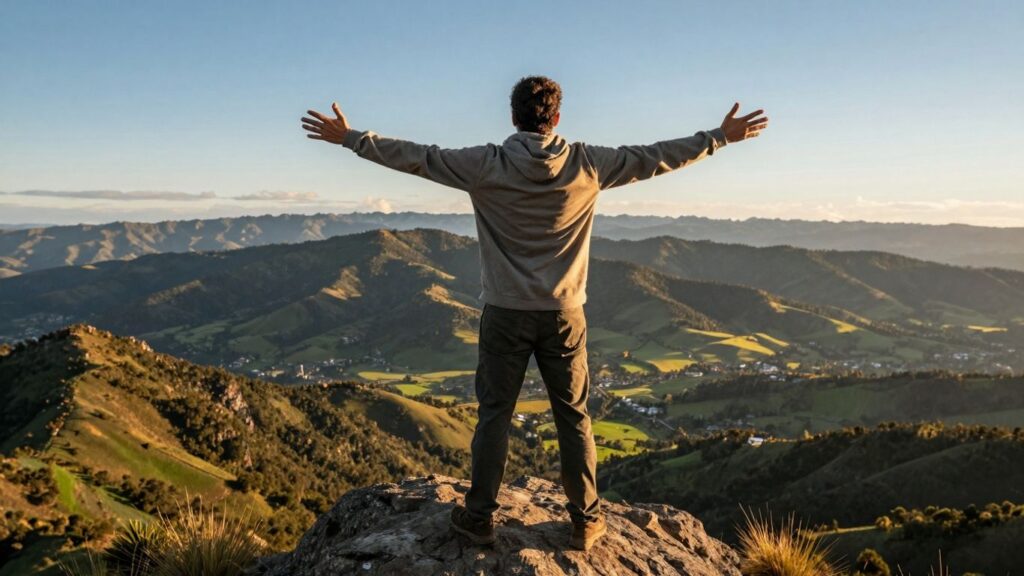 Person on mountain peak with arms outstretched, vast landscape below.