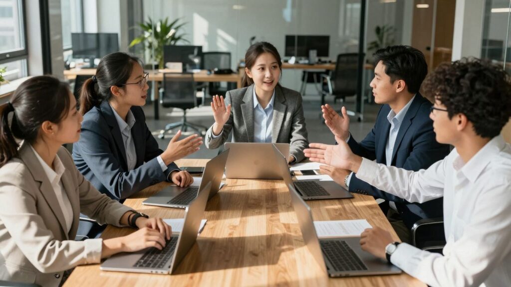Diverse entrepreneurs collaborating in a bright, modern office.